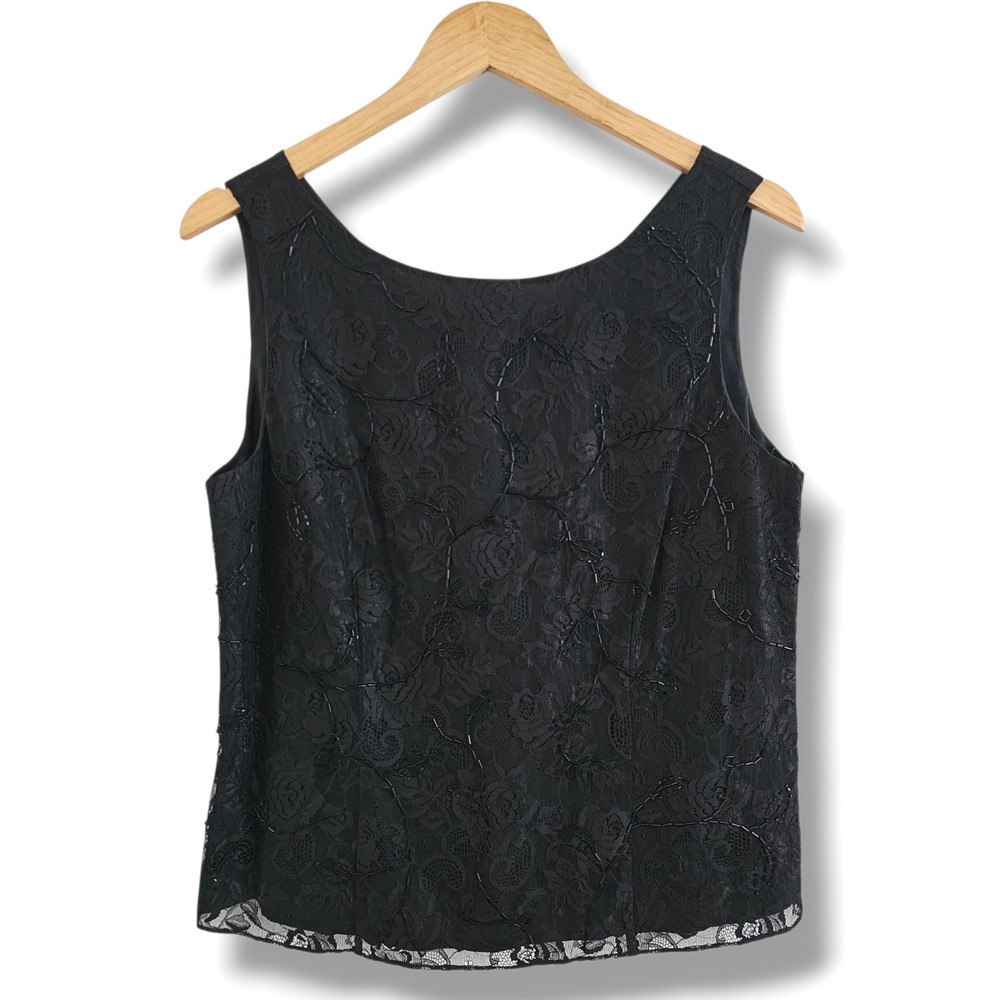 Y2K Ann Taylor Lace Tank Top 12 Womens Black Beaded Floral Shell Evening Vintage